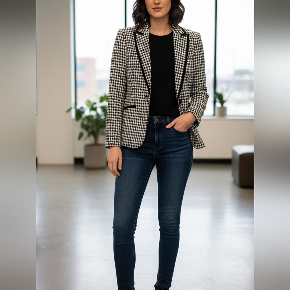 Stylish Black and White Houndstooth Blazer Tahari Size 2 Petite